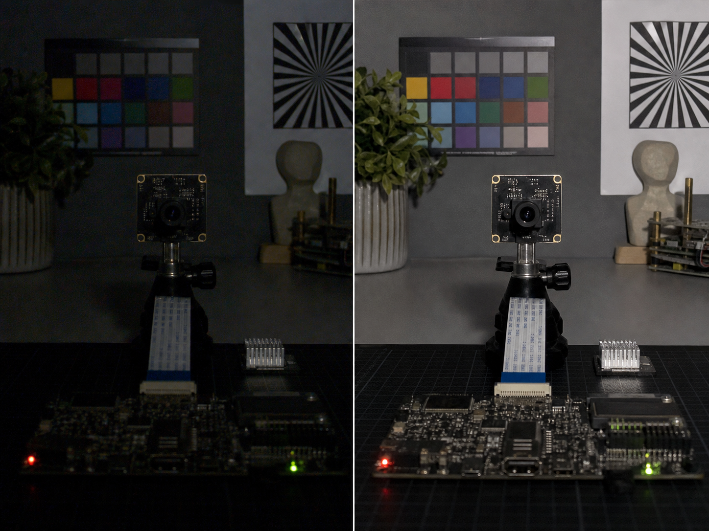 Locked-camera comparison of the same low-light engineering scene before and after illustrative image processing